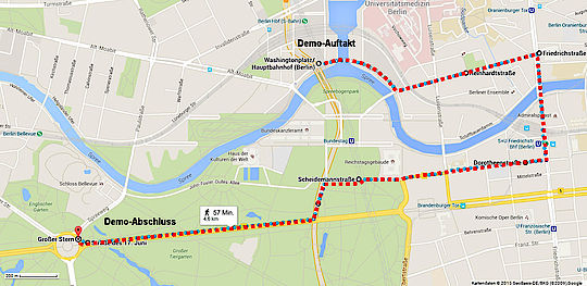 Route der TTIP Demo in einer KArte eingemalt: Vom Hauptbahnhof via Straße des 17. Juni zum Brandenburger Tor